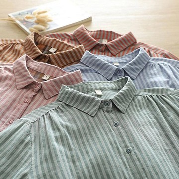 知性小文藝 色織條紋襯衫純棉夏季寬鬆短袖雙層紗五色可選-設計所在