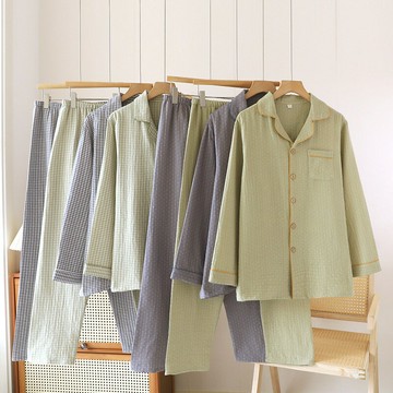 色織全棉男士雙層棉紗家居服睡衣簡約純色翻領透氣舒適長袖長褲鑫弘-衣錦男裝