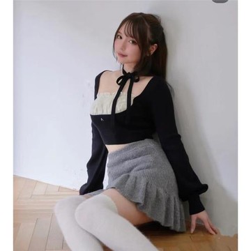 現貨｜甜妹andmary掛脖飄帶毛衣上衣辣妹少女收腰顯胸純欲長袖