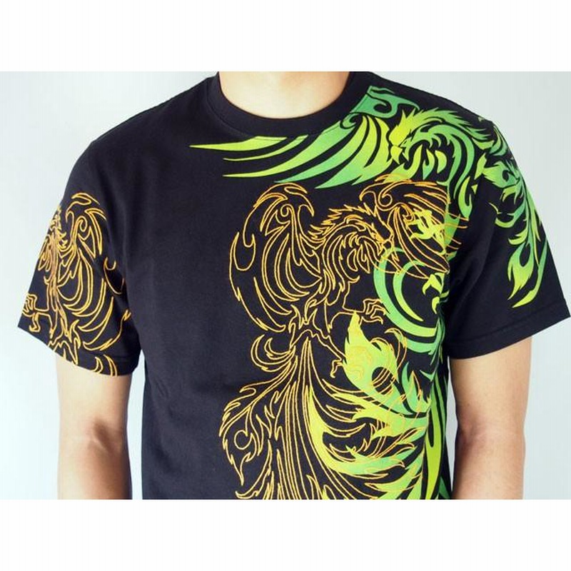 和柄Tシャツ 錦 トライバル 鳳凰Tシャツ 半袖Tシャツ メンズ 黒