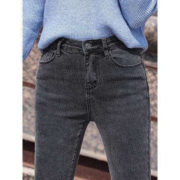 煙灰色牛仔褲女2025年新款春秋高腰顯瘦小腳九分彈力緊身加絨長褲