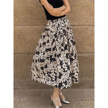 2025年夏季新款女裝氣質優雅垂感復古風時尚百搭大擺裙印花半身裙