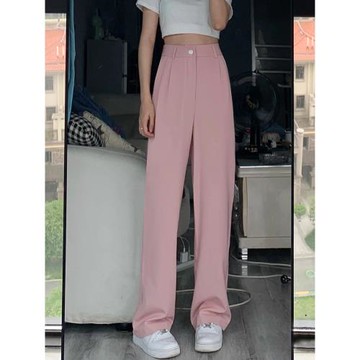 粉色西裝褲垂感高級感2024年新款高腰直筒小個子闊腿褲女春秋薄款