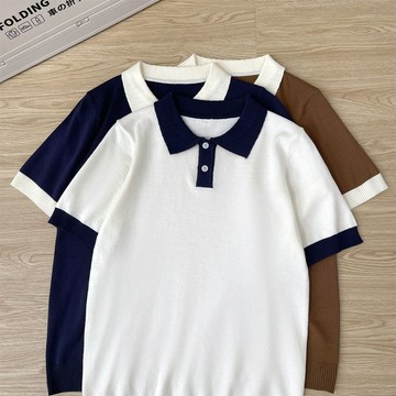 夏季新款撞色拼接POLO衫短袖T恤女情侶休閒短袖上衣