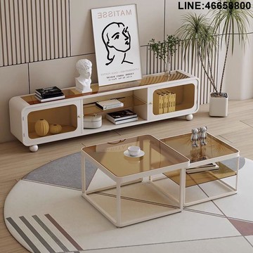 免運 開立發票 電視櫃 收納櫃 儲物櫃 落地櫃 背景櫃 奶油風玻璃茶幾電視櫃組合小戶型輕奢簡約客廳落地儲物櫃家用現代 支持訂製