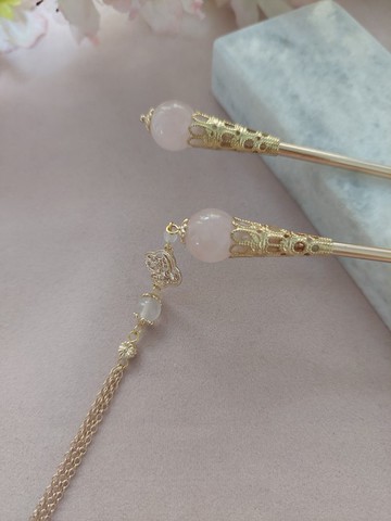 攏雲閣－桃絲　　古典風格粉晶髮簪步搖