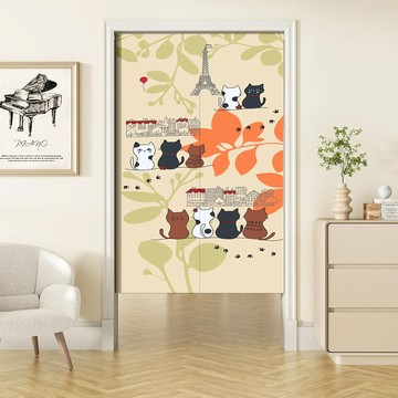 【嵐楓居家】日式棉麻長門簾風水簾85x180cm-鐵塔賞景貓一片式（送門簾桿＋門簾掛勾）_廠商直送