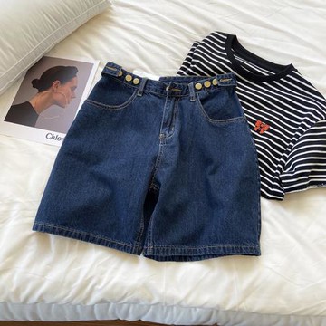 檸波家。高腰牛仔短褲女夏寬松直筒百搭顯瘦深藍色闊腿五分褲中褲