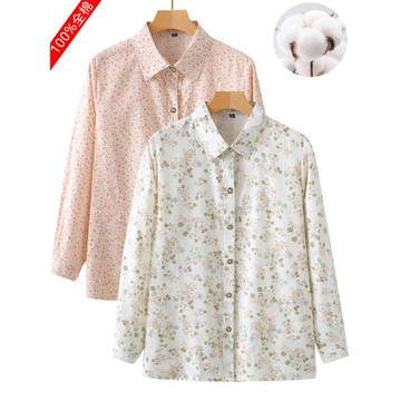 全棉碎花襯衫中老年媽媽春裝新款長袖上衣春秋奶奶老太太純棉襯衣