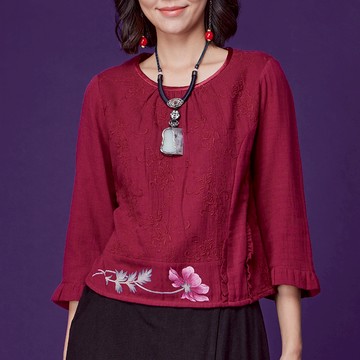 古典美 手繪刺繡荷葉上衣【58044】棉麻/亞麻/中國風/漢服/茶禪服