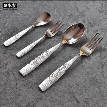 日本進口高桑金屬長柄創意不銹鋼銀色西餐日式錘目紋勺子水果叉子