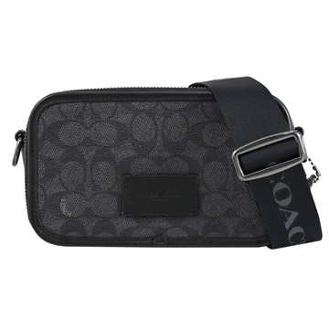 COACH CW365 皮革LOGO印花皮革雙層拉鍊斜背包.黑灰