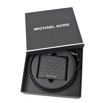 MICHAEL KORS 男款 灰字MK緹花LOGO防刮雙面用皮帶/八卡短夾禮盒-黑色