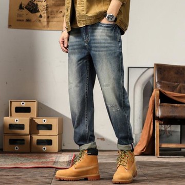 潮牌彈力牛仔褲男春夏季新款直筒寬松復古破洞九分休閑大碼長褲子