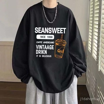 M-8XL 臺灣出貨 長袖T恤男生春秋季圓領潮流上衣服休閑百搭帥打底衫寬鬆印花衛衣 薄款上衣 百搭 潮流 男生衣服