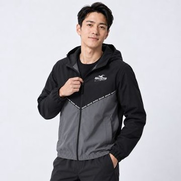 Hollister 海鷗 熱銷文字運動防風防潑水連帽風衣外套-黑色