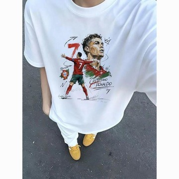 本土出貨 純棉短袖 短袖T恤 T恤女 世界盃足球C羅球星夏季美式手繪印花情侶短袖T恤男女寬鬆休閒上衣Wf R