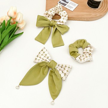 抹茶綠大蝴蝶結后腦勺發夾頭飾韓國網紅扎頭繩高級感褶皺馬尾發圈