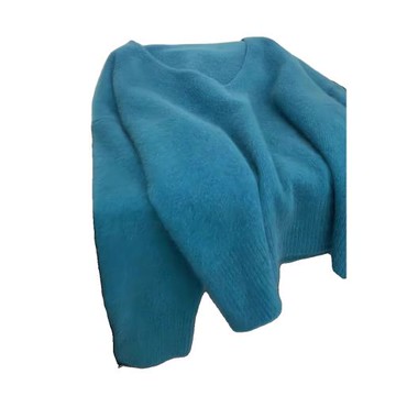 浣熊絨藍色v領毛衣針織衫女秋冬外穿寬松慵懶風軟糯短款套頭上衣