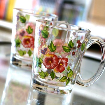 經典郁金花喇叭花色耐熱玻璃水杯大圓弧把手杯子加厚防燙加厚杯底