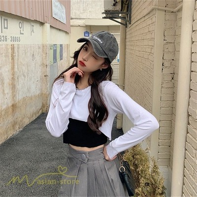 Tシャツ レディース レイヤード風 重ね着風 長袖 配色切替 カジュアルtシャツ クルーネック ショート丈 薄手 秋服 白 黒 着痩せ カットソー 日常感 女性着 通販 Lineポイント最大get Lineショッピング