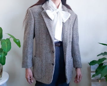 復古棕色羊毛人字紋西裝外套 AVON HOUSE 經典西裝外套 尺寸 M L