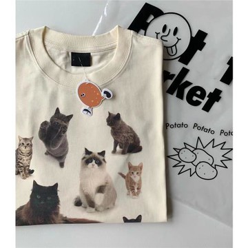 特大碼300斤美式vintage純棉貓咪短袖T恤男女休閑寬松情侶款上衣