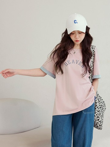 棉質撞色英文刺繡寬鬆短袖上衣