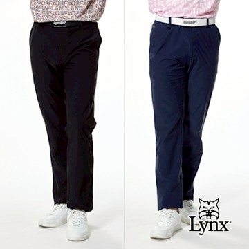 【Lynx Golf】男款吸汗速乾機能涼感彈性素色外觀壓紋織帶剪接後袋造型平口休閒長褲(二色)