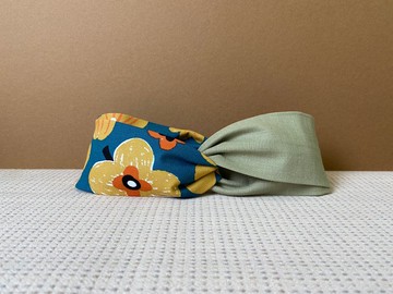 雙拼髮帶 / 藍綠底的黃蠟筆 - 抹茶