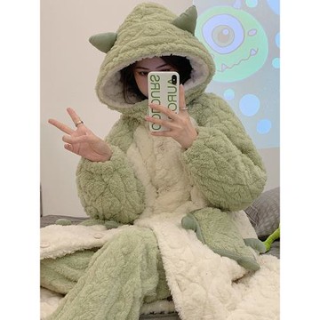 秋冬季睡袍加絨加厚長款珊瑚絨睡衣女三層夾棉卡通連帽家居服套裝