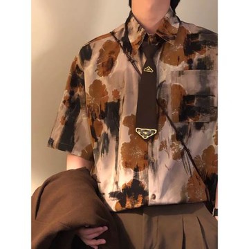 Nagawl夏季美式復古水墨暈染藝術感港風短袖花襯衫男女休閑襯衣潮