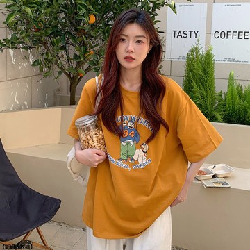 寬鬆慵懶風圓領純棉短袖T恤女夏季卡通印花顯瘦百搭上衣