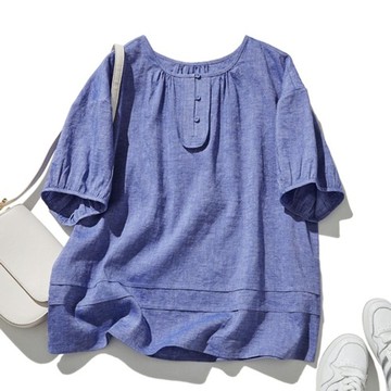 棉麻質感 夏日透氣半袖罩衫 簡約風格 慵懶百搭 紺桔梗　240616-2