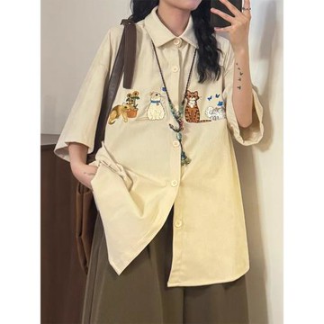 美式復古趣味貓咪刺繡襯衫女2025夏季新款百搭情侶休閑五分袖上衣