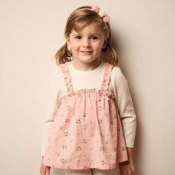 PIPPY 典雅碎花吊帶假兩件圓領長袖上衣 粉-090