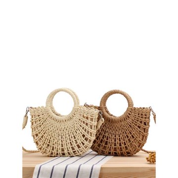 店長推薦 簡約風ins人氣款半圓鏤空紙繩編織包沙灘手工女士包