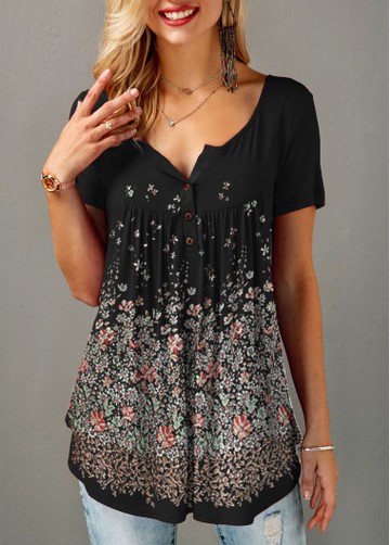 Retro Print Button Front Round Neck T Shirt