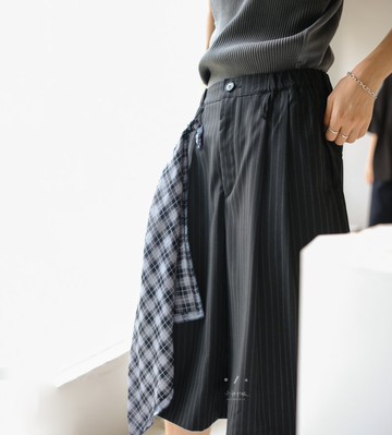 宮城附腰帶直紋七分西裝褲 - 2色 - 宮城黑