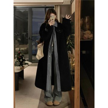 黑色假兩件皮毛一體仿羊羔毛外套女冬加絨加厚保暖中長款過膝大衣