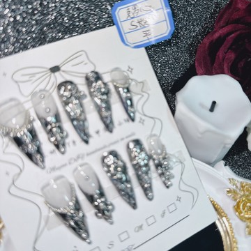 🤩加一重工🤩沐妍手工甲重工克羅心鏡麵銀色奢華闇黑小衆款辣妹美甲鑽飾穿戴甲美甲師娜娜米 CXHY