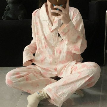 新款甜美少女睡衣女春秋季粉色花朵長袖舒適可外穿家居服套裝家居服卡通睡衣長袖睡衣女生居家服套裝睡衣女生