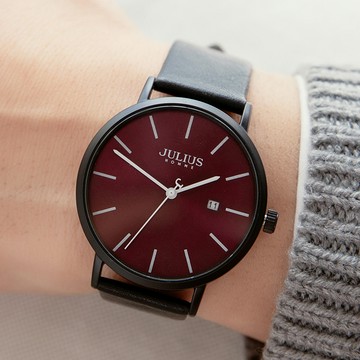 正韓JULIUS堅貞不渝日期顯示放射紋真皮手錶【WJAH109】-暗紅面黑帶
