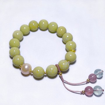 天然礦石 芥茉綠菜花玉 珍珠 粉草莓晶 粉綠螢石 925純銀手鍊