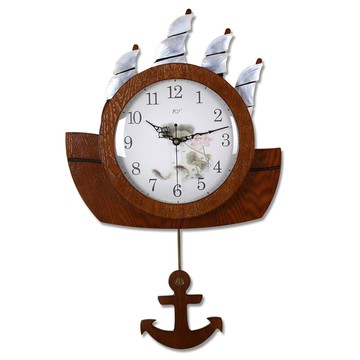 TQJ大號中式木頭船壁掛鐘貝殼石英鐘表客廳一帆風順臥室靜音掛表