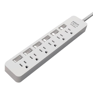 SANLUX 台灣三洋 平貼式安全延長線 1.8M 六座六切獨立開關 隱藏式開關設計 超薄扁平插頭  白色  1個