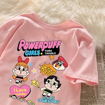 台灣出貨！飛天小女警 哭娃印花t 韓版短袖t恤 Oversize上衣男女可穿大尺碼短tee正韓衣服情侶款衣服粉色t恤上衣