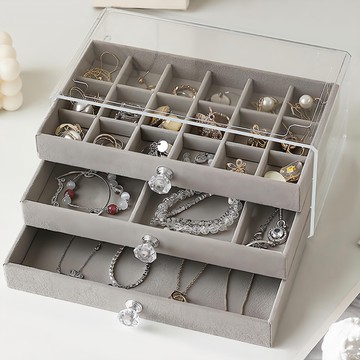 iSFun 透明絨布 3層抽屜飾品首飾珠寶18 + 6格收納盒  1個  灰色