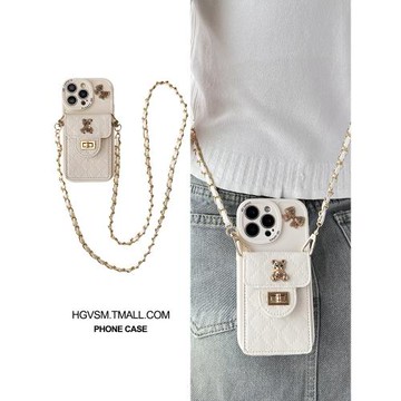 金屬蝴蝶結小熊菱格卡包適用蘋果16promax手機殼新款iPhone15pro背帶14斜挎掛繩13小眾高級感12全包防摔硅膠