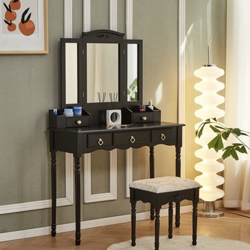 公司貨 免運 超低價 美式復古深色實木梳妝臺帶鏡帶凳臥室梳妝桌化妝臺小戶型收納一體 快速發貨